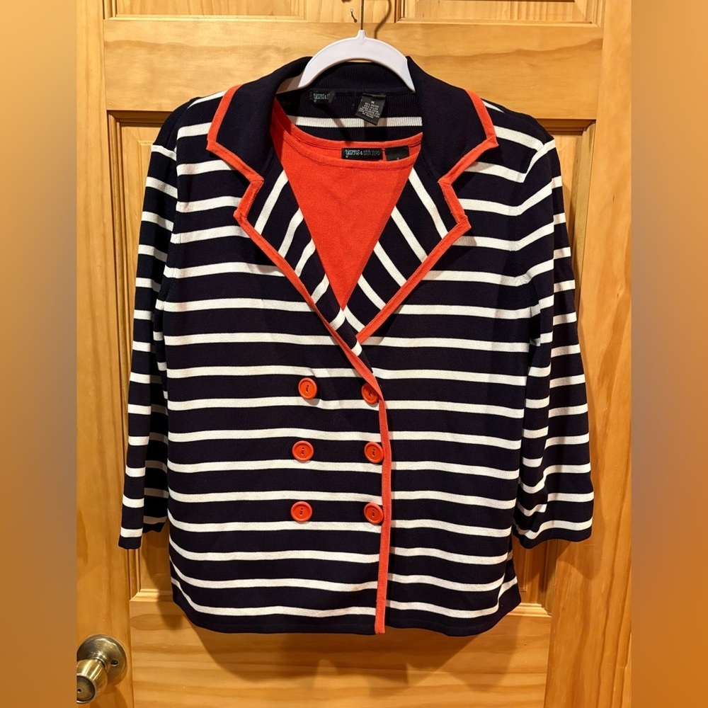 Yarns & Stitches Navy and Orange Striped Women's Cardigan& sleeveless top set